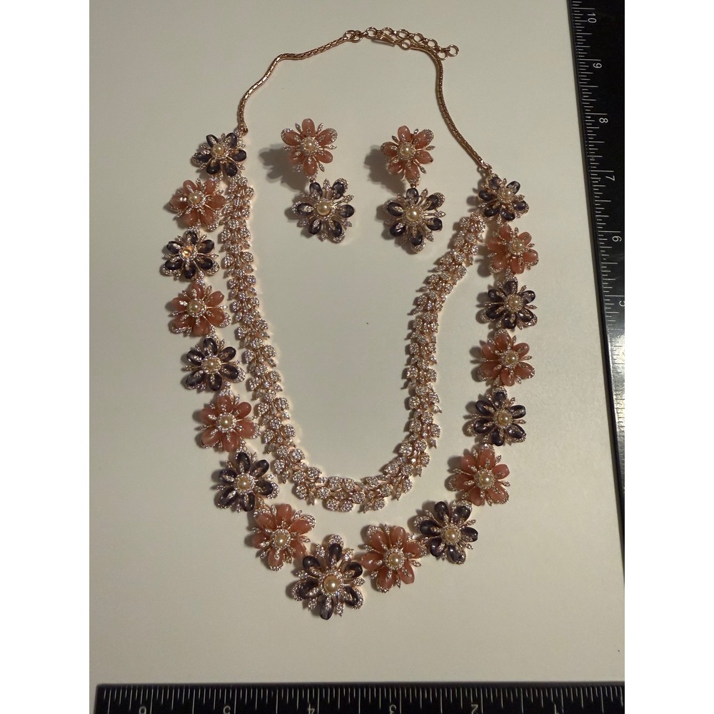Rose Gold Tone Floral‎ Statement Necklace and Earring Set Pearl Crystal Purple